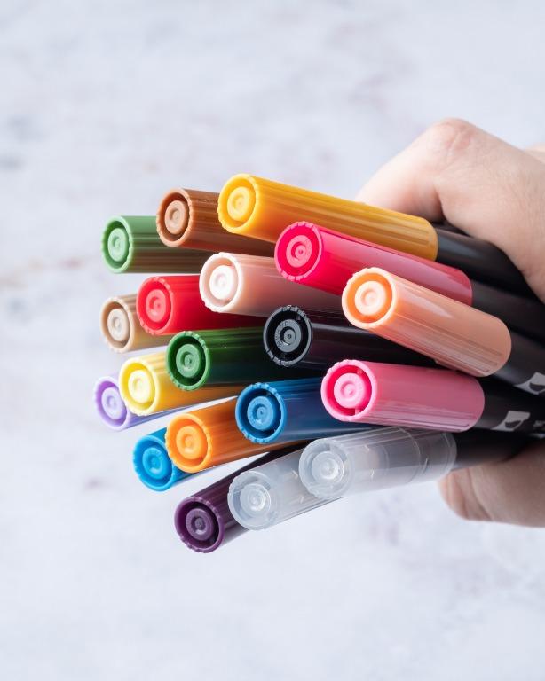 Tombow Dual Tip Brush Pens (Category: Stationery & School Supplies) located in Manila. Submitted by randombuysph (Listing ID 1097231051, Image 1). Description: Tombow Dual Tip Brush Pens - 17 colors in total + 2 blender pens - brush tip on one side, marker tip on the other - brand new, unused and just stored in a dry and clean location - RFS: decluttering - bought from the US - P120 per piece, P2000 for all pens.