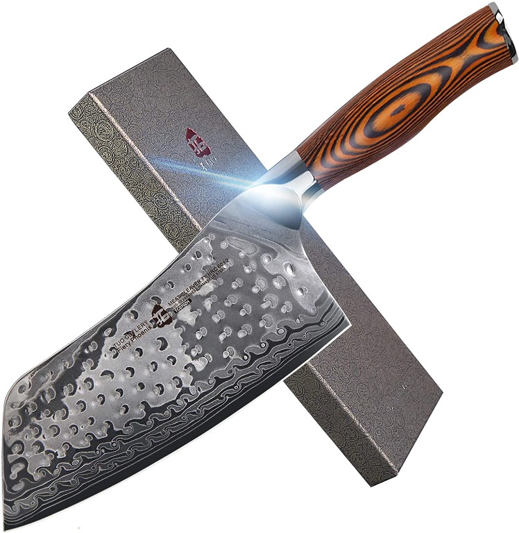 TUO Cutlery Cleaver Knife Japanese AUS10 Damascus Steel Hammered