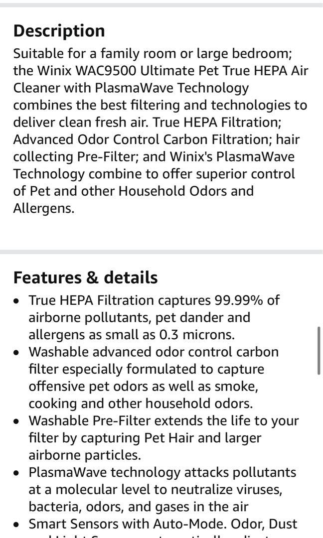 RETAIL 600 Winix WAC9500 Ultimate Pet True HEPA Air Cleaner