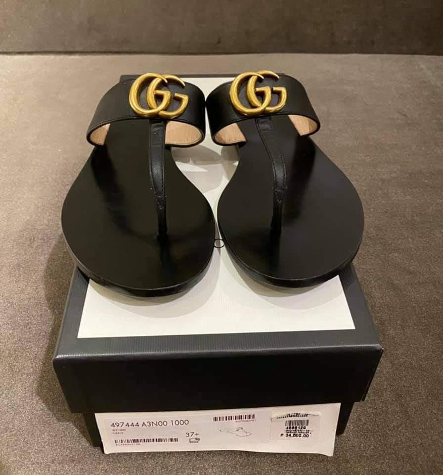 98% NEW GUCCI MARMONT LEATHER THONG SANDALS, Women's Fashion, Footwear,  Flats & Sandals on Carousell