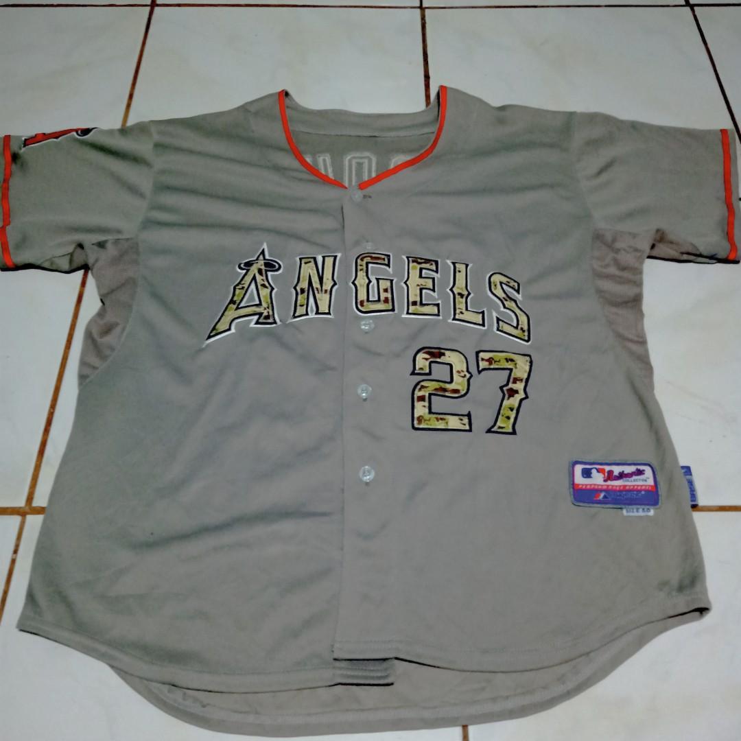 ANGELS JERSEY #27 MIKE TROUT SIZE S-4XL STITCHED PINSTRIPE GREY