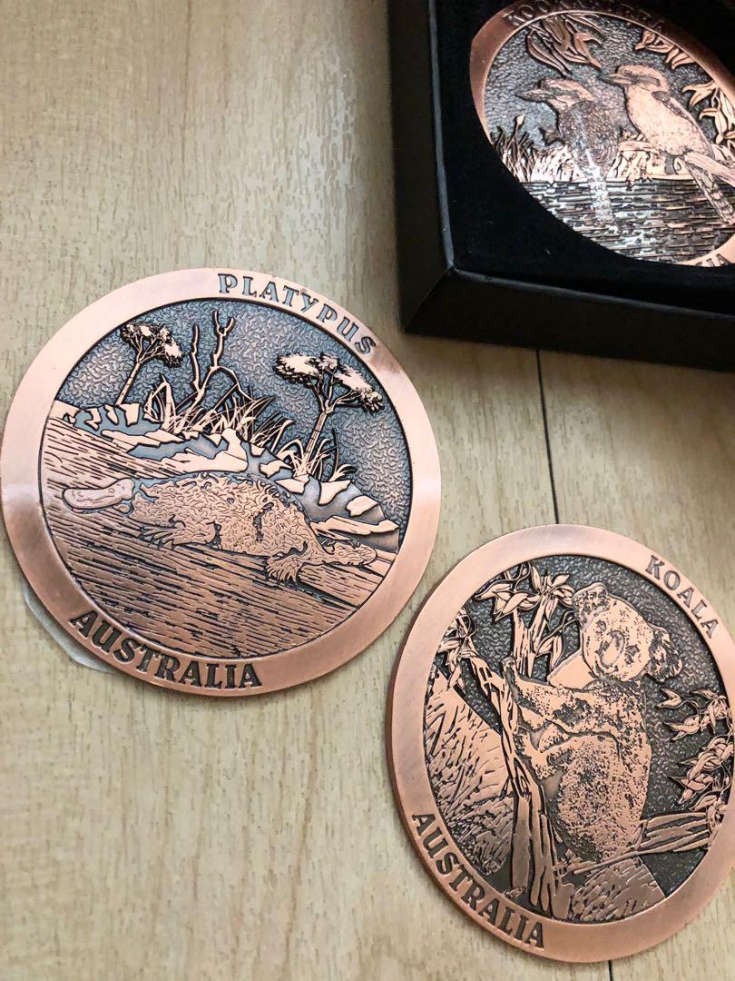 澳洲AUS動物銅製杯墊組合 紀念品 回憶 袋鼠 鴨嘴獸 無尾熊 笑翠鳥 澳大利亞 金屬 雕刻