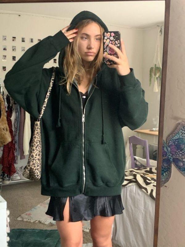 Brandy Melville Dark green zip up Christy hoodie, Women's Fashion