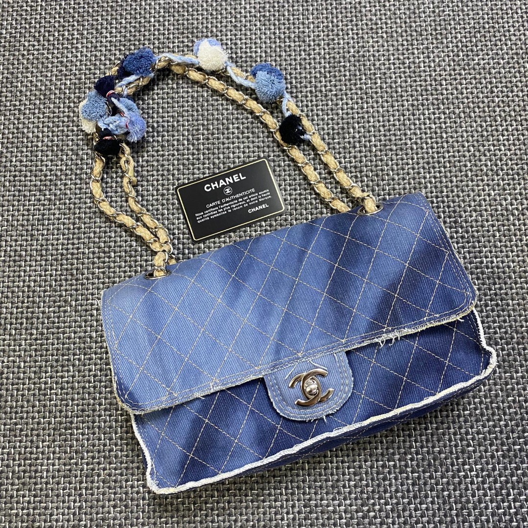 Chanel Cc Denim Pom Pom Medium Flap Luxury Bags Wallets On Carousell