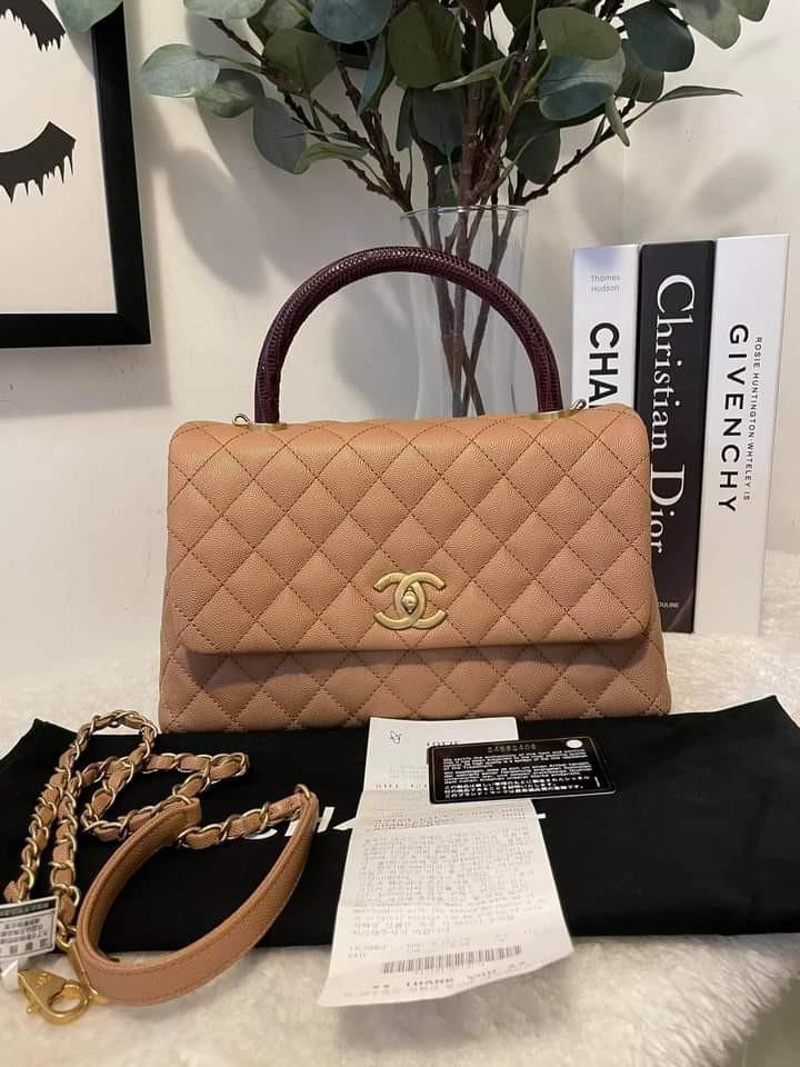 Chanel Beige/Maroon Caviar Leather and Lizard Medium Coco Top Handle Bag