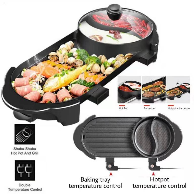 2 in 1 Electric Grill Indoor Hot Pot Barbecue Multifunctional, Indoor  Teppanyaki Grill/Shabu Shabu Pot with Divider - Separate Dual Temperature  Contral, Capacity for 2-12 People 