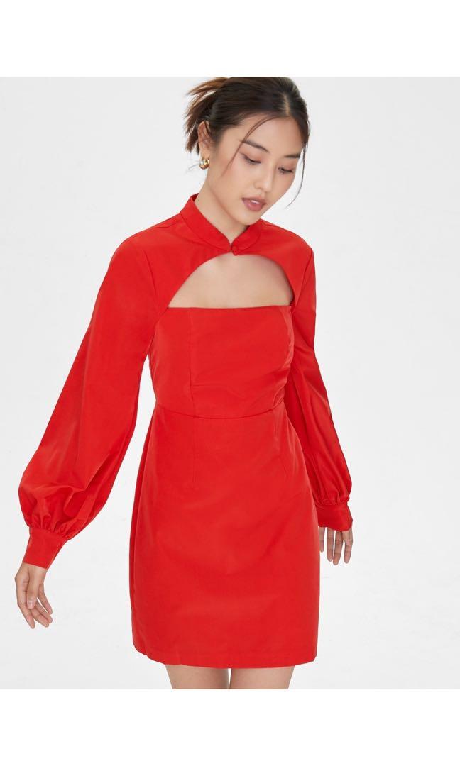 Pomelo Long Sleeve Cut out Dress in red, Women's Fashion, Dresses 