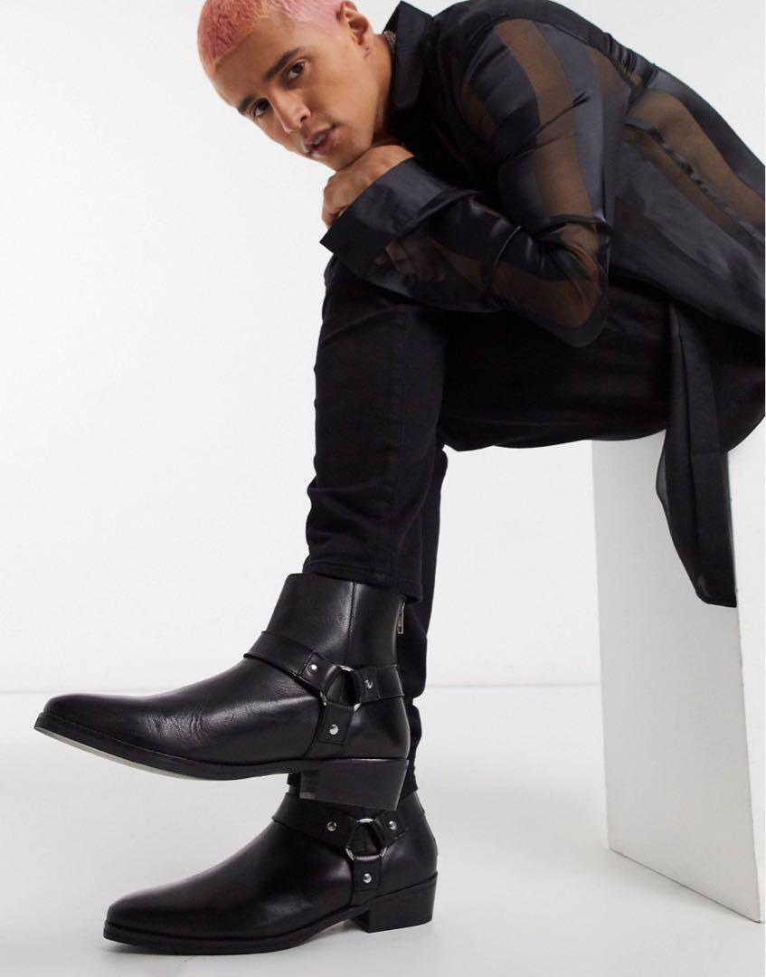 Cuban heel western chelsea boots in black leather with buckle detail Men s Fashion Footwear Boots on Carousell