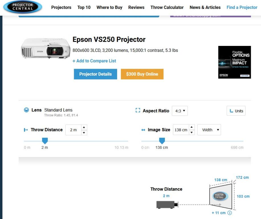Epson VS250 SVGA HDMI 3LCD Projector w horizontal & vertical keystone