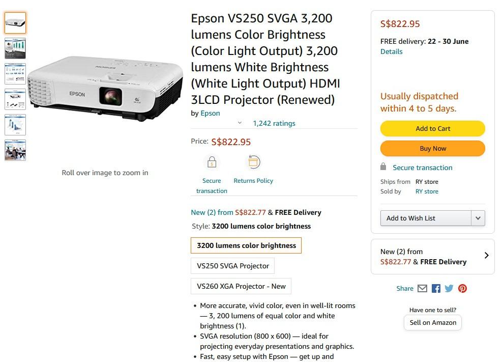 Epson VS250 SVGA HDMI 3LCD Projector w horizontal & vertical keystone