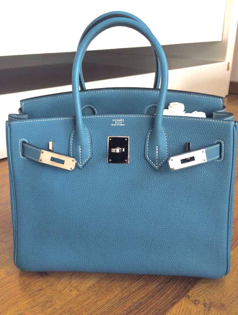 Hermes 愛馬仕。未使用保存品。Birkin 30 牛仔藍銀扣柏金包經典款手提