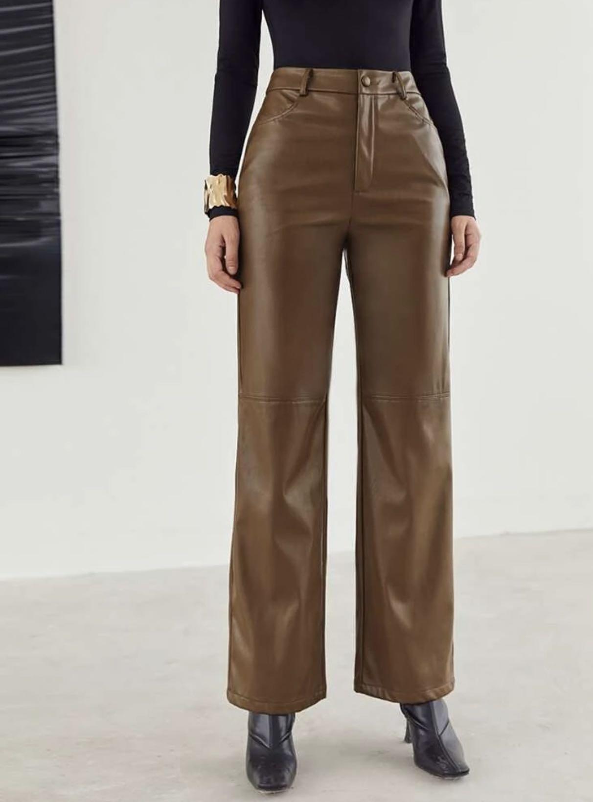 Brown leather pants high waisted Clearance