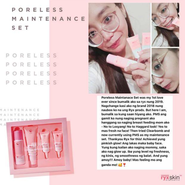 RYX Poreless Maintenance Set (Category: Face Care) located in Mandaluyong City. Submitted by charlaloooo (Listing ID 1091852931, Image 3). Description: Celebrate your poreless and pinkish glow skin with RyxSkin Poreless Maintenance Set (PMS)! ✨ This set is painless, stingless, no micropeeling effect but with powerful whitening and glass skin benefits! 𝟑𝟓𝟎𝐩𝐡𝐩 only, isn't it AMAZING? 😍 Recommended for any age and gender including preggies an