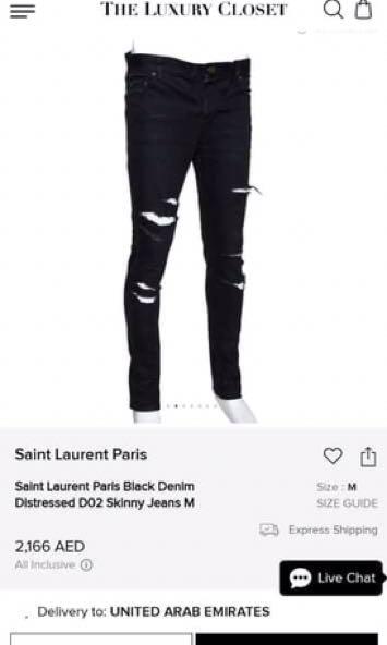 Saint Laurent distressed jeans (Category: Luxury Apparel) located in Mabalacat. Submitted by designerbrandsforless (Listing ID 1091910491, Image 1). Description: Made in Japan Size 29” cotton fabric little bit stretchy Measurement laid flat approximately waist 16” Rise 11” inseam 26” length 36” still in very good condition .