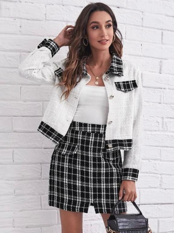 Single Breasted Plaid Tweed Jacket