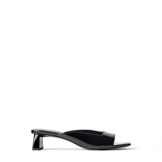 ZARA Square Toe Block Heel Patent Leather Sandals Black Women s