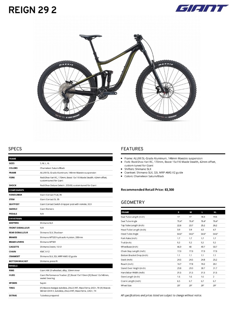 2021 Giant Reign 2 29er M size
