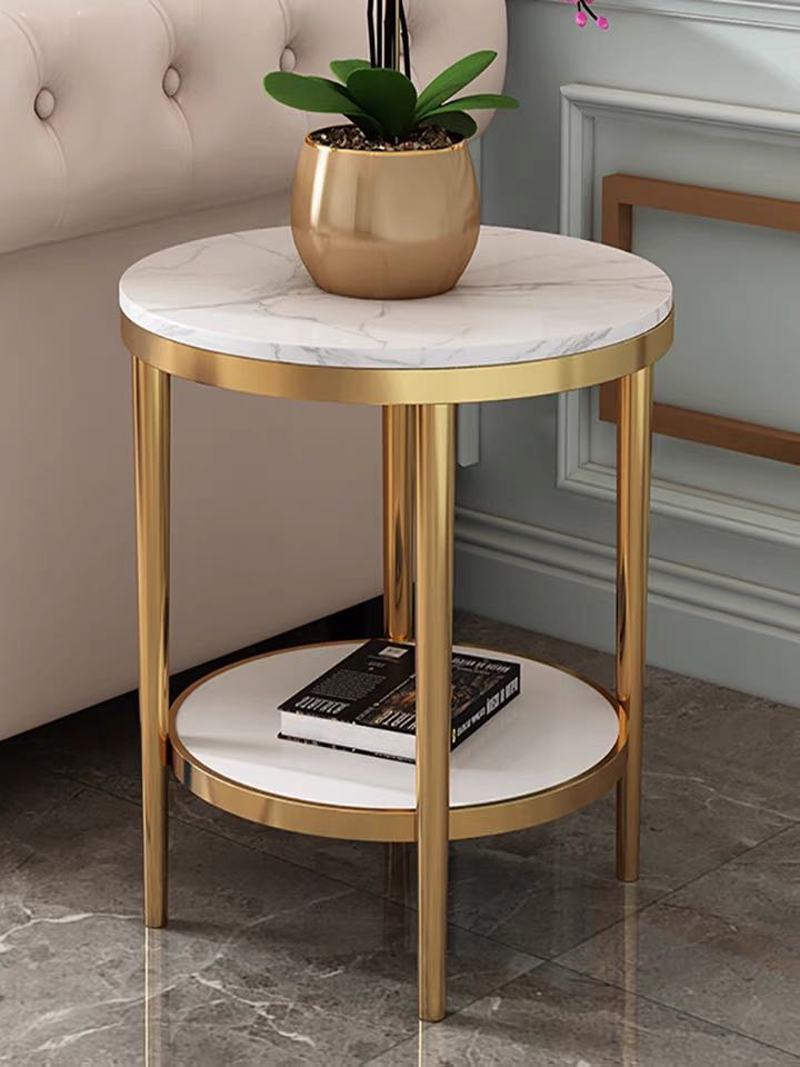 2 tier white Marble print side table gold frame, Furniture & Home