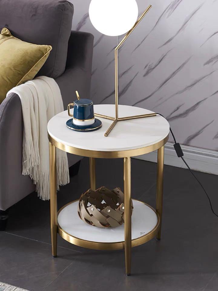 2 tier white Marble print side table gold frame, Furniture & Home