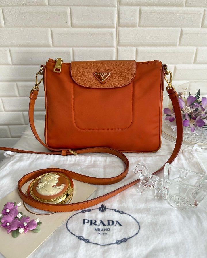 Authentic Prada Orange Tessuto Nylon And Leather Crossbody Bag, Luxury, Bags  & Wallets on Carousell
