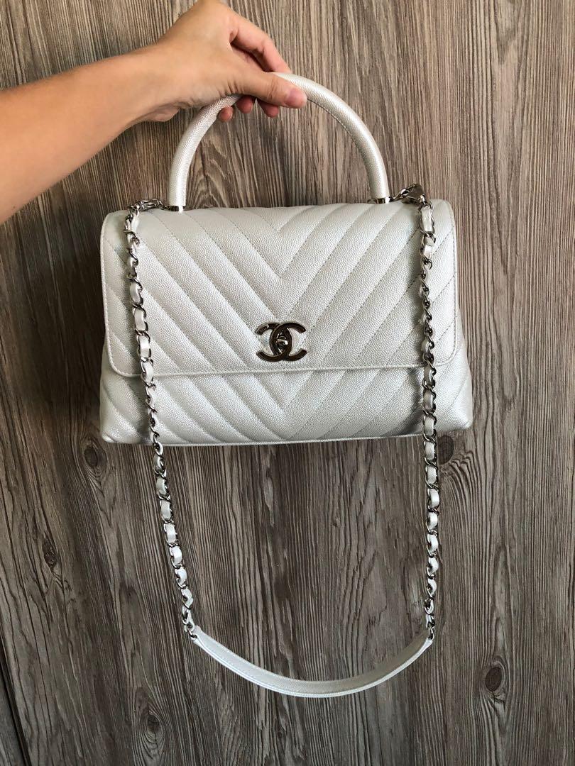 Coco Handle Medium Chevron Flap Bag White GHW