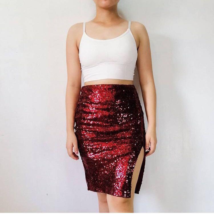 Charlotte Russe Red Sequin Skirt with Slit Women s Fashion