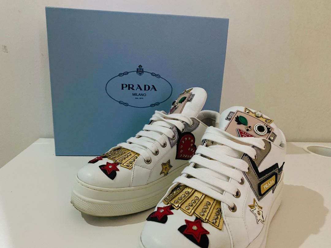 Prada White Leather Robot Applique Platform Sneakers Size 5.5/36 - Yoogi's  Closet