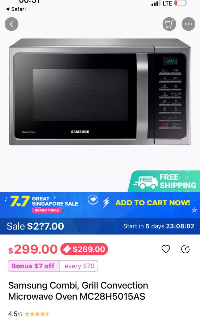 SAMSUNG MC28H5015AS/SP Combi Grill Convection MWO with Ceramic Enamel 28L, TV & Home Appliances