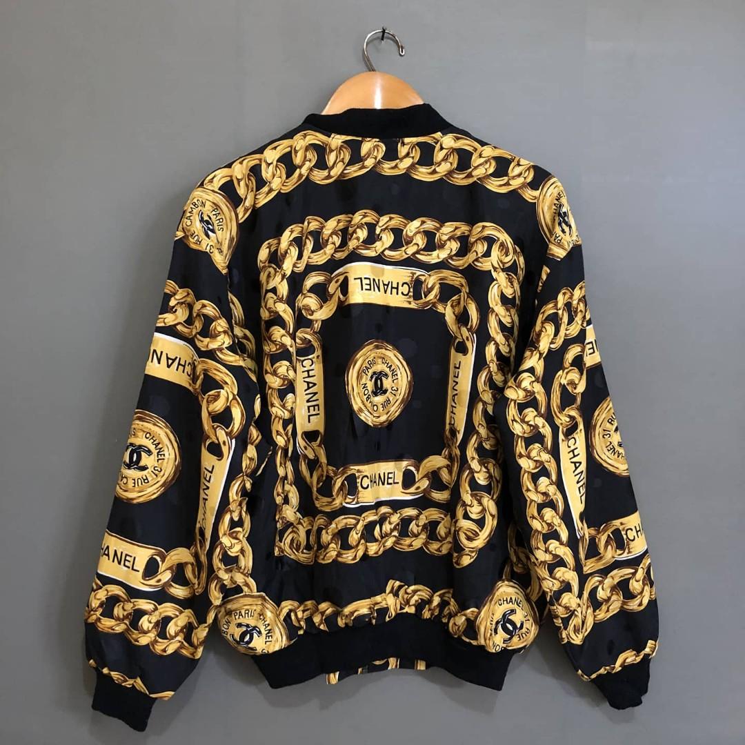 80s Silk Bomber Jacket Large Streetwear Gold Chain Design and Blue Lar   LilliAnnFashions