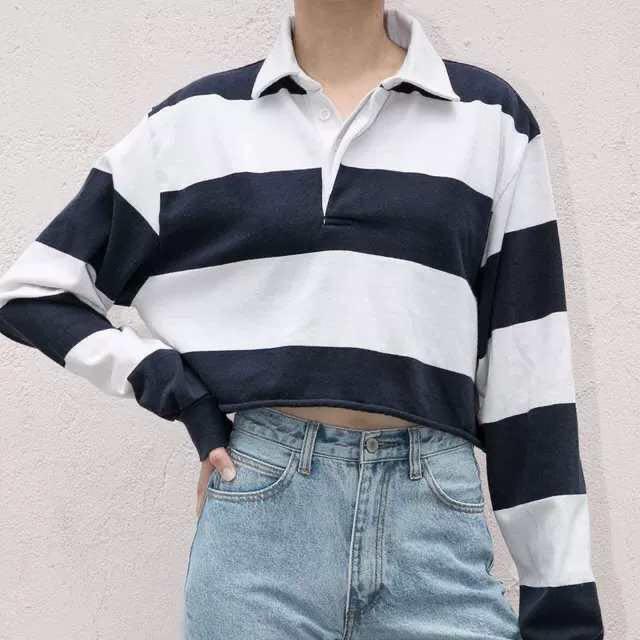 1253 brandy melville polo stripe navy blue white pullover crop top ulzzang korean vintage retro Women s Fashion Coats Jackets and Outerwear on Carousell