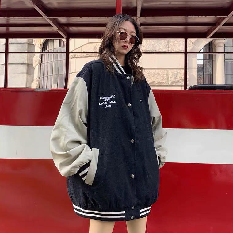 1254 couple bomber jacket jock baseball colourblock duo tone sporty black beige windbreaker button up ulzzang korean vintage retro jacket