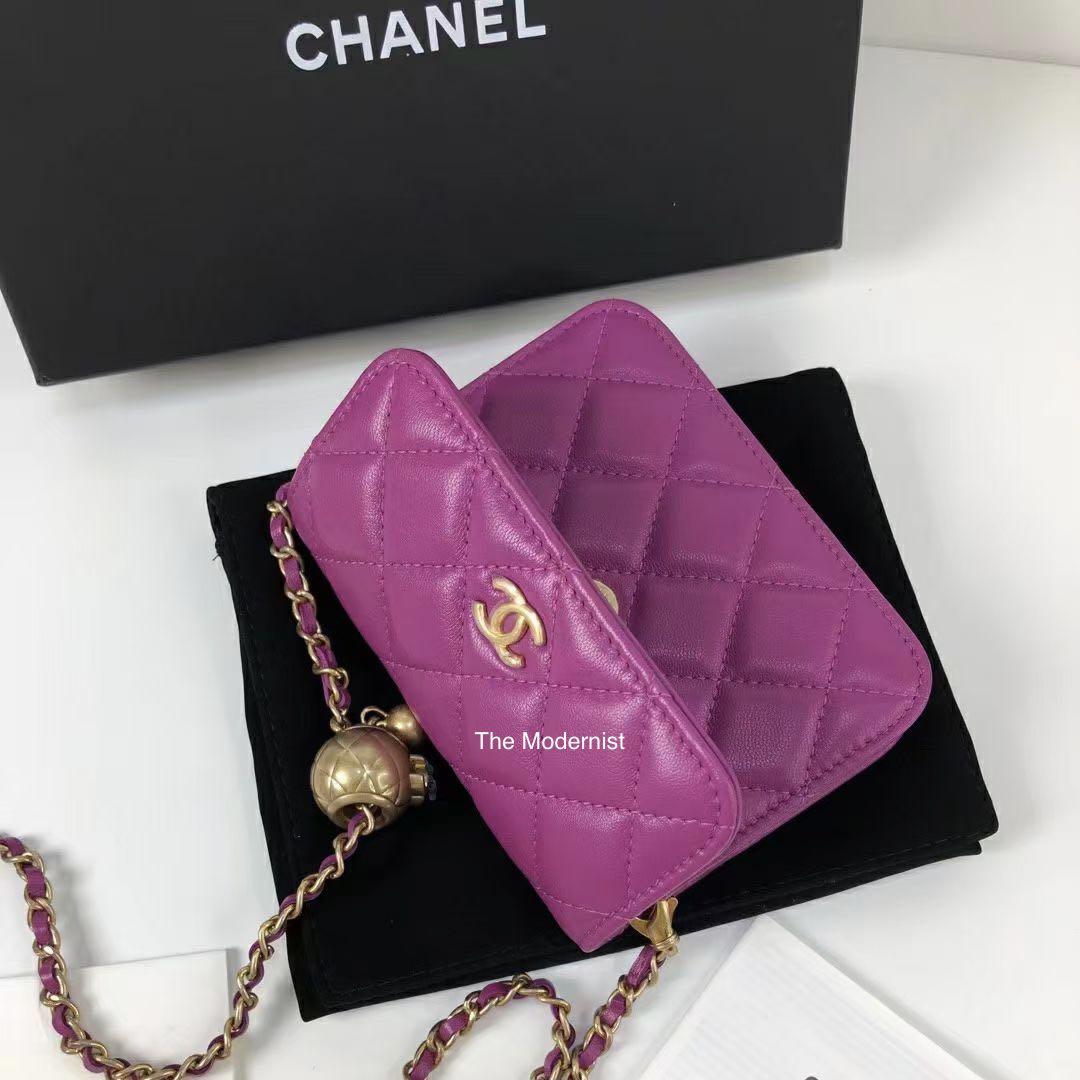 Authentic Chanel Gold Pearl Crush Purple Flap Coin Purse with Chain Belt Bag