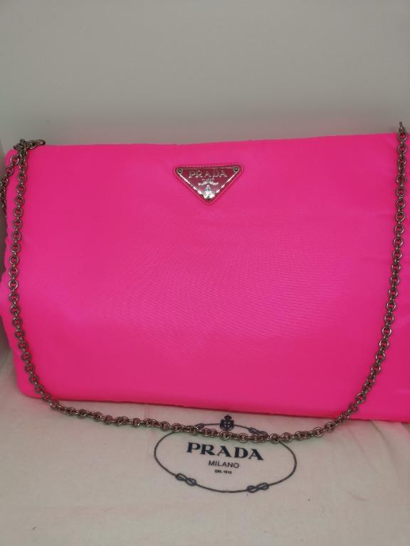 Brand new Prada fluorescent pink clutch bag with chain Luxury