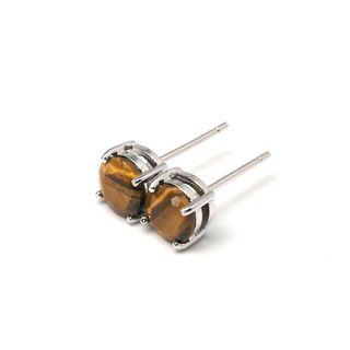 Tiger's Eye Ear Stud Earrings - Rhodium plated 925 Sterling Silver - 6mm round | Man Earrings | Brown Gemstone Gift Idea | Charka