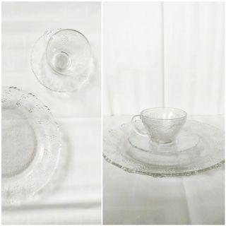 Vintage Clear Glass Plates, Saucers, Cups Set 12pc