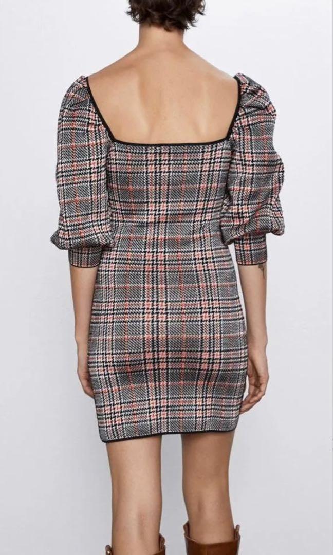 ZARA Check Knit Puff Sleeves Dress 