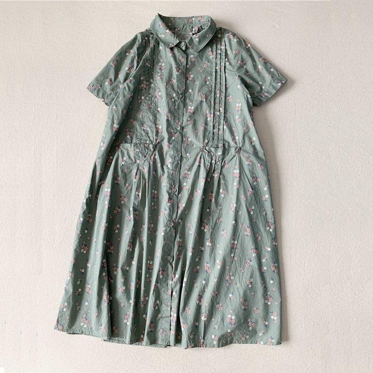 日本pou Dou Dou 湖綠色花花圖案鈕扣短袖連身長裙 女裝 女裝裙 Carousell