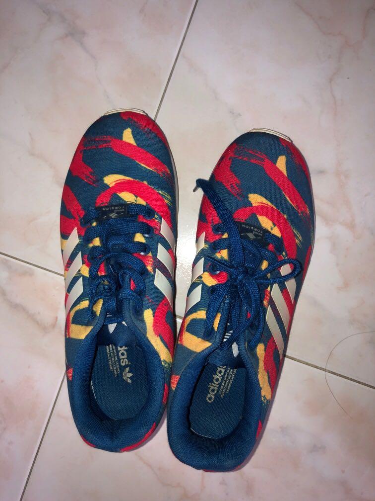 Red blue top yellow sneakers