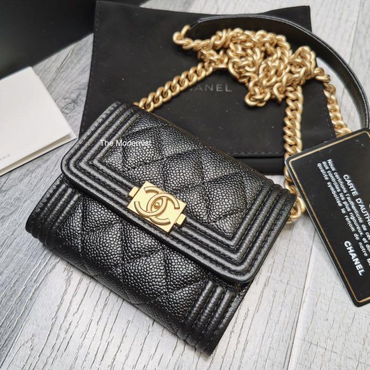 Authentic Chanel Boy Flap Coin Purse With Chain Black Caviar Gold Hardware  AP2206 B06200 94305