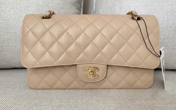 Beige Quilted Caviar Medium Classic Double Flap Silver Hardware