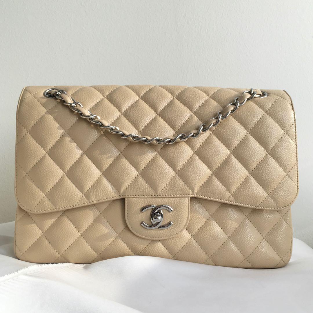 Chanel Classic Jumbo Caviar Double Flap bag in beige Claire and silver  hardware, Luxury, Bags & Wallets on Carousell