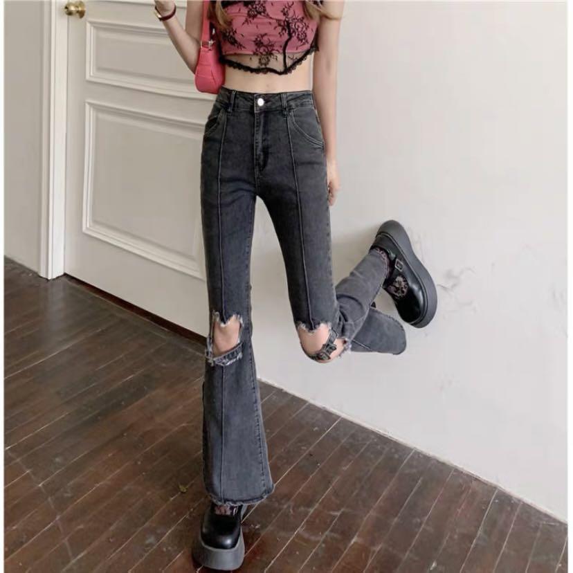 Hot girl ripped high wrist flared pants