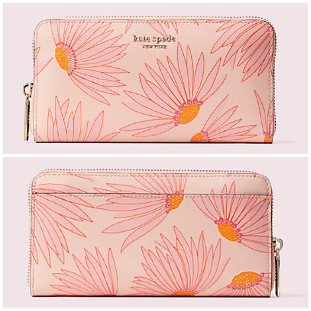 INSTOCK Kate Spade Spencer Falling Flower Zip Around Continental Long Wallet Pink Multi Coral Peach