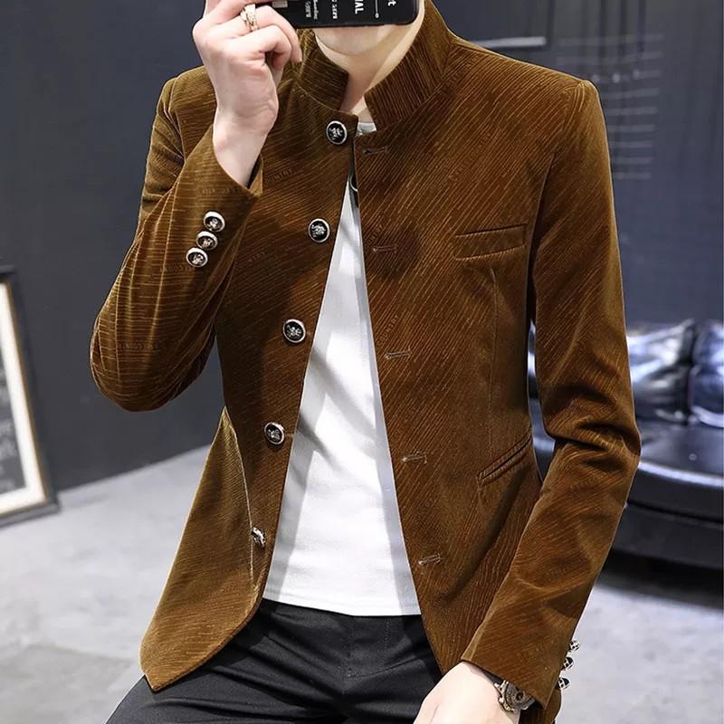 Men velvet black brown red blue jacket Mandarin Collar quality blazer top slim fit