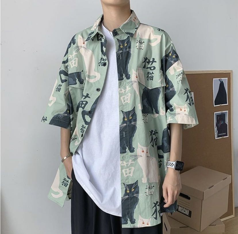 Mens Oversized Cat Print Polo Shirt Top 