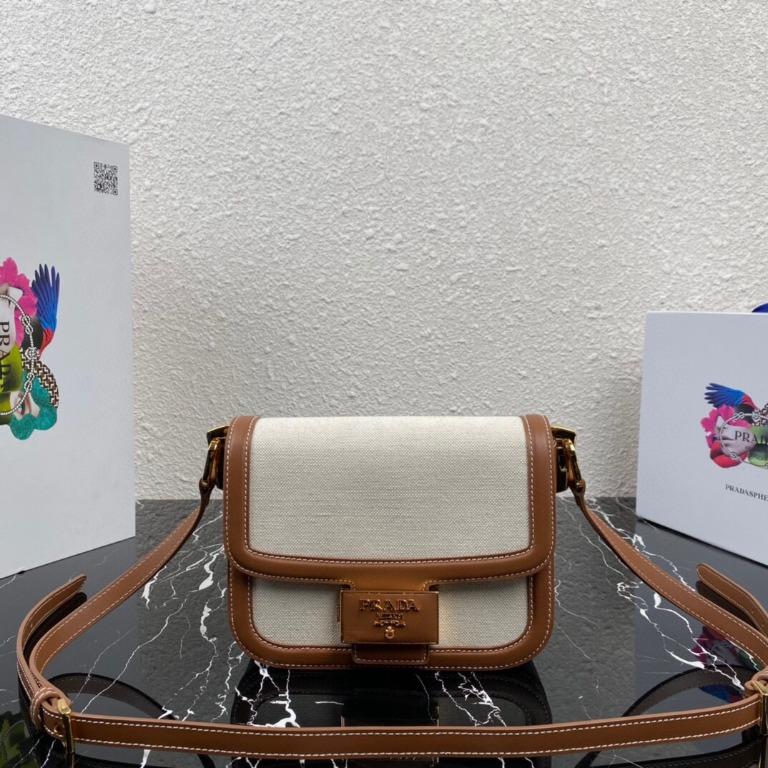 Prada Emblème Bag in linen blend and leather, Luxury, Bags & Wallets on  Carousell