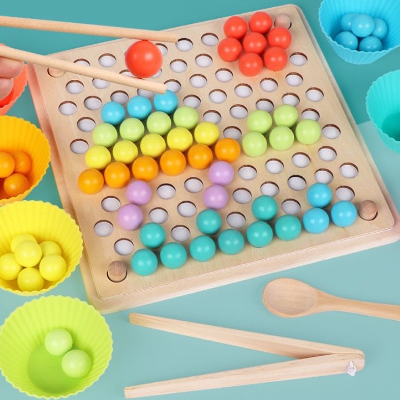 Rainbow beads Fine Motor Skills Montessori Wooden Toy Pick Up Ball Manipulatives Educational Toy