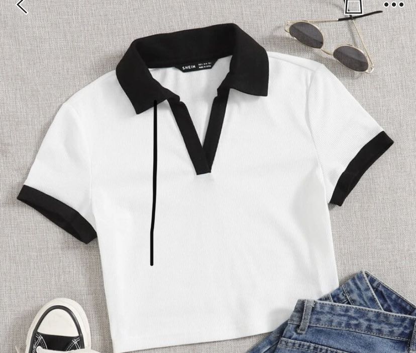 Shein Contrast Trim Crop Polo Shirt Women S Fashion Tops Shirts On Carousell