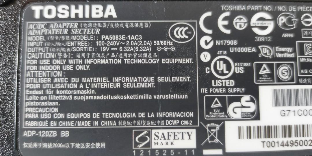 Toshiba Original Laptop Adaptor (Category: Chargers) located in Paranaque City. Submitted by seb_trading (Listing ID 1092184251, Image 2). Description: working condition 19volts DC 6.32A 220volts (autovolt) good as new with power cord.