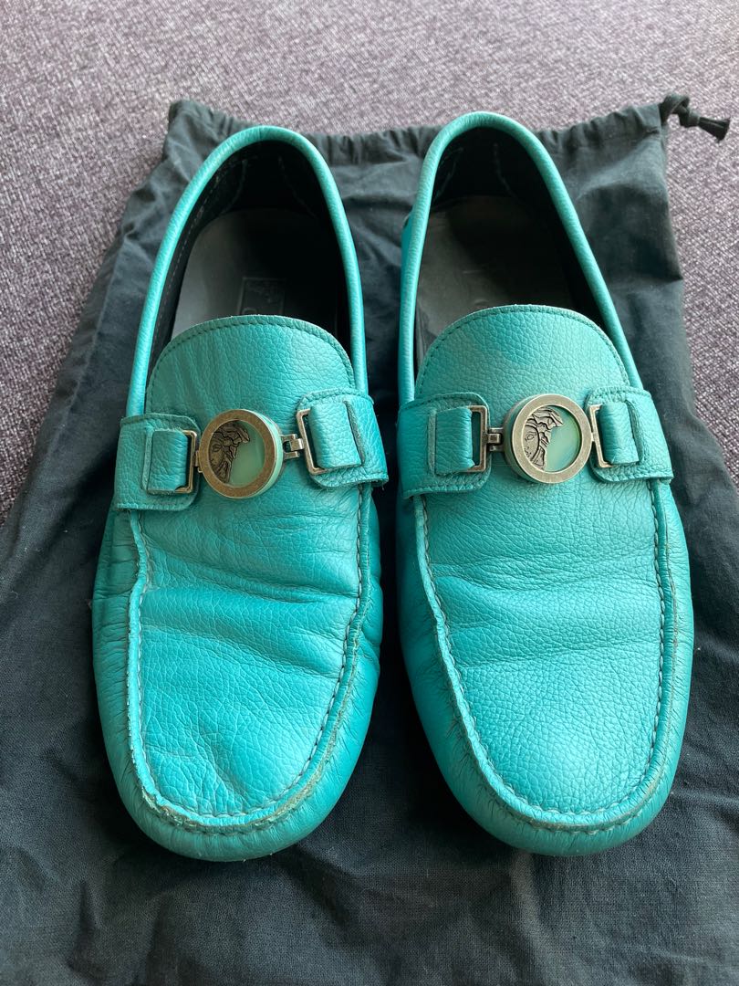 Versace collection leather loafers turquoise blue half Medusa logo
